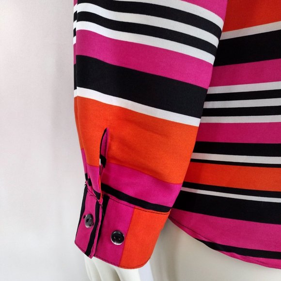 Elementz Vibrant Orange and Pink Stripe Roll Tab Sleeve Blouse - Picture 7 of 13